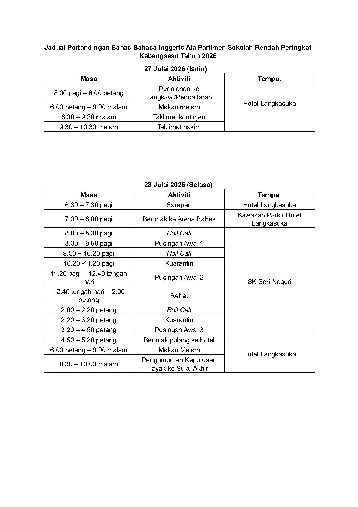 Jadual Perlawanan 1
